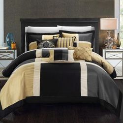 Chic Home Design Filomena 7 Piece Comforter Contemporary Patchwork Solid Color Block Pattern Design Complete Bedding Set - Black - QUEEN