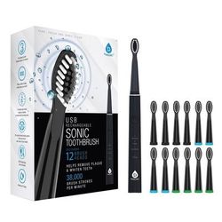 PURSONIC USB Rechargeable Sonic Toothbrush With 12 Brush Heads - Black