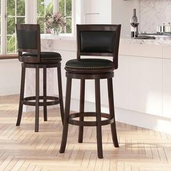 Merrick Lane Benjamin 30" Panel Back Bar Height Stool with Black Faux Leather Upholstered Back & Seat, Nail Trim, and Cappuccino Wooden Frame - Black