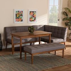 Baxton Studio Sanford Mid-Century Modern Grey Fabric & Walnut Brown Finished Wood 4-PC Dining Nook Set - Wholesale Interiors BBT8051.11-Grey/Walnut-4PC Dining Nook Set