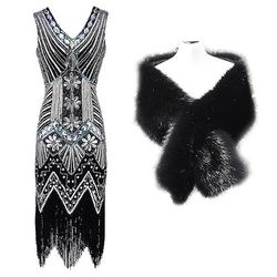 Anni Ruggenti Anni 1920 Lunghezza al ginocchio Vestito Abito Flapper Abiti Normale Senza maniche Il grande Gatsby Charleston Taglie Forti Invitato al matrimonio Paillettes Frangia con nappe Paillettes