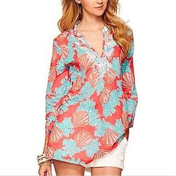 Lilly Pulitzer Tops | Lilly Pulitzer Top Womens Extra Small Pink Blue Sarasota Coralina Beaded Tunic | Color: Blue/Pink | Size: Xs