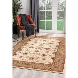 5' Round Cream and Tan Ornate Border Area Rug - 3'6" Round