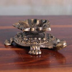 'Leafy Turtle-Shaped Antiqued Brass Sculpture from India'