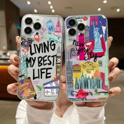 New York London Sticker Labels Phone Case For iPhone 15 14 13 12 Mini 11 Pro Max X XR XS 7 8 SE Plus Transparent Cover