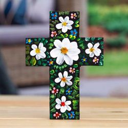 'Hand-Painted Floral White and Green Wood Cross from Mexico'