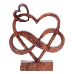 The Last Love,'Hand-Carved Heart-Themed Suar Wood Sculpture in Brown'