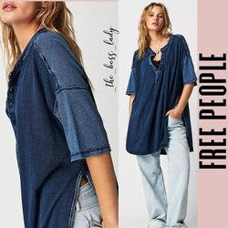 Free People Tops | Free People Top Relaxed Henley Tee Cotton Shirt | Color: Blue | Size: M