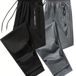 TEMU Men's 2pcs Set Of Solid Regular Fit And Cuffed Sweatpants With Letter Print Zippered Pockets And Drawstring, Athletic Joggers For All Fitness And Gym Wear