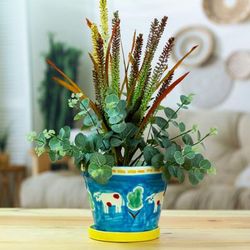 Serene Cows,'Painted Cow and Tree Blue Ceramic Flower Pot and Saucer'