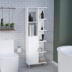 "63" H Linen Bathroom Cabinet with Seven Open Shelves, One Drawer, One Door and Four legs,White - Depot E-Shop DE-MLB9092"
