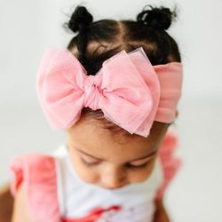 Pink Tulle Luxe Baby Girl Soft & Stretchy Bamboo Bow Headbands - Newborn - 3T