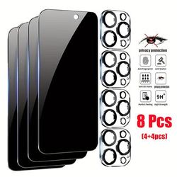 8pcs/set Full Coverage 4pcs Privacy Screen Protector For 15 Pro Max Glass For 14 Pro Max 6.7-inch, With 4pcs Camera Lens Protector, 9h Tempered Glass Film