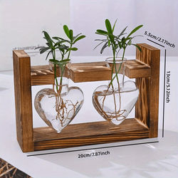 Air Plant Terrarium With Wooden Stand, Plant Propagation Stations With Heart Vase, Kawaii Plant Terrarium, Gifts For Plant Lovers, For Hydroponics Home Garden Office Decoration