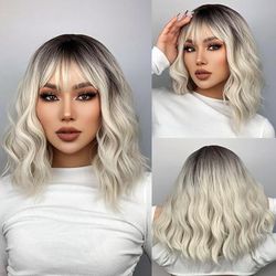 Platinum Ombre Blonde Bob Wig With Bangs - Natural Long Heat Resistant Hair For Cosplay, Halloween - Synthetic Wig With Short Wave Cut