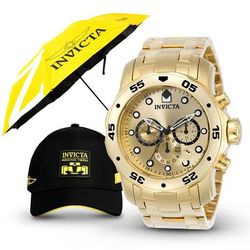 Invicta Pro Diver SCUBA Men's Watch Bundle - 48mm Gold with Large Umbrella Gear Collection Gear Racing Team Men's Hat (B-0074-UMHAT)