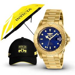 Invicta Pro Diver Automatic Men's Watch Bundle - 40mm Gold with Large Umbrella Gear Collection Gear Racing Team Men's Hat (B-26997-UMHAT)