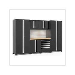 NewAge Garage Cabinets PRO Series Black 7-Piece Set with Bamboo Top, Slatwall and LED Lights