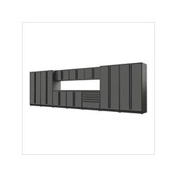 Proslat Garage Cabinets 12-Piece Glossy Grey Cabinet Set with Black Handles and Powder Coated Worktop