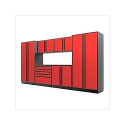 Proslat Garage Cabinets 7-Piece Glossy Red Cabinet Set with Black Handles and Powder Coated Worktop