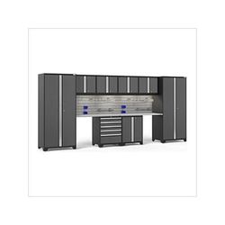 NewAge Garage Cabinets PRO Series Grey 10-Piece Set with Stainless Top, Slatwall Hook Kit and LEDs