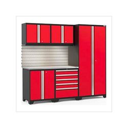 NewAge Garage Cabinets PRO Series Red 6-Piece Set with Stainless Steel Top, Slatwall and LED Lights
