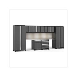 NewAge Garage Cabinets PRO Series Grey 10-Piece Set with Stainless Steel Top, Slatwall and LED Lights