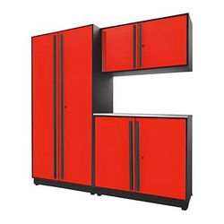 Proslat Garage Cabinets 4-Piece Glossy Red Cabinet Set with Black Handles and Stainless Steel Worktop