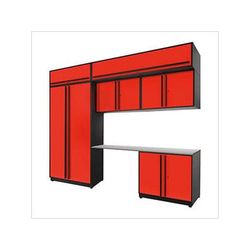 Proslat Garage Cabinets 7-Piece Glossy Red Cabinet Set with Black Handles and Stainless Steel Worktop