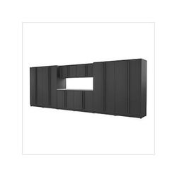 Proslat Garage Cabinets 9-Piece Mat Black Cabinet Set with Black Handles and Stainless Steel Worktop