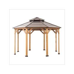Sunjoy Group 13 x 13 Wooden Hardtop 2-Tier Octagon Gazebo with Ceiling Hook (Brown Roof)