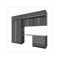 Proslat Garage Cabinets 7-Piece Glossy Grey Cabinet Set with Silver Handles and Stainless Steel Worktop
