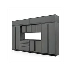 Proslat Garage Cabinets 9-Piece Glossy Grey Cabinet Set with Black Handles and Powder Coated Worktop