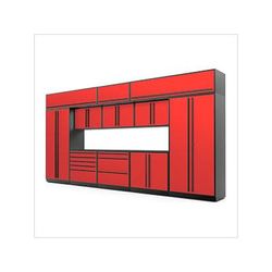 Proslat Garage Cabinets 13-Piece Glossy Red Cabinet Set with Black Handles and Powder Coated Worktop