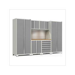 NewAge Garage Cabinets PRO Series Platinum 7-Piece Set with Bamboo Top, Slatwall and LED Lights