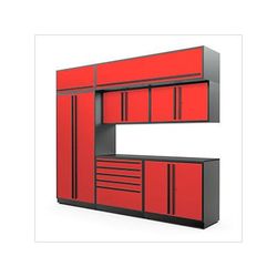Proslat Garage Cabinets 8-Piece Glossy Red Cabinet Set with Black Handles and Powder Coated Worktop