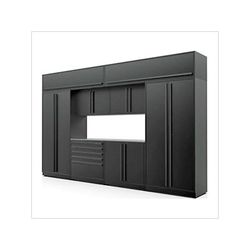 Proslat Garage Cabinets 9-Piece Mat Black Cabinet Set with Black Handles and Stainless Steel Worktop