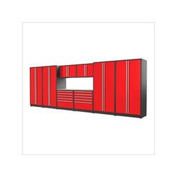 Proslat Garage Cabinets 9-Piece Glossy Red Cabinet Set with Silver Handles and Stainless Steel Worktop