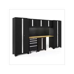 NewAge Garage Cabinets BOLD Series Black 8-Piece Set with Bamboo Top, Backsplash, LED Lights