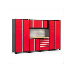 NewAge Garage Cabinets PRO Series Red 7-Piece Set with Bamboo Top, Slatwall and LED Lights
