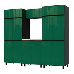 Contur Cabinet 7.5' Premium Racing Green Garage Cabinet System with Butcher Block Tops