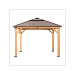 Sunjoy Group 11 x 11 Wooden Hardtop Gazebo with Ceiling Hook (Upgraded Brown Roof)