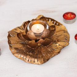 Heaven's Lotus,'Golden-Toned Lotus-Themed Iron Tealight Candleholder'
