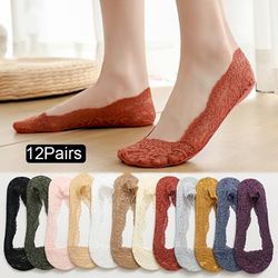 12 Pairs Lace Floral No Show Socks, Invisible Semi-sheer No-slip Boat Socks, Women's Stockings & Hosiery