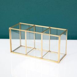 Vintage Style Brass & Glass Storage Box: 1pc 3 Grids Desktop Organizer For Office, Bathroom, Kitchen & More!