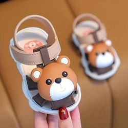 Baby Boys Girls Kawaii Cartoon Bear Hook And Loop Sandals, Non-slip Comfy Summer Beach Shoes, Crib Shoes