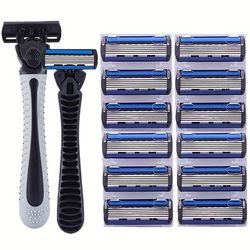 TEMU 12pcs/18pcs Razor Blades With Handle, Six-layer Blade Head Male Face Cleansing Care Tool With Razor Handle, Classic Manual Shaver Safety Razor Fit For Men And Women