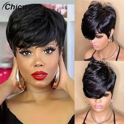 Short Bob Pixie Human Hair Wig Full Machine Made With Bangs 180% Density Dovetail Natural Color Straight Bob Glueless Remy Human Hair Mullet Wigs For Women