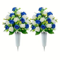 Artificial Cemetery Flowers, Set Of 2 Artificial Rose Bouquet Graveyard Memorial Flowers With Vase For Cemetery Headstones Decoration (dark Blue)