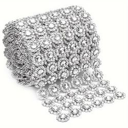 Silvery Diamond Flower Shape 9cmx2 Yards Grid Wrap Roll Rhinestone Crystal Ribbon For Wedding, Cake, Vase Decoration, Party Supplies